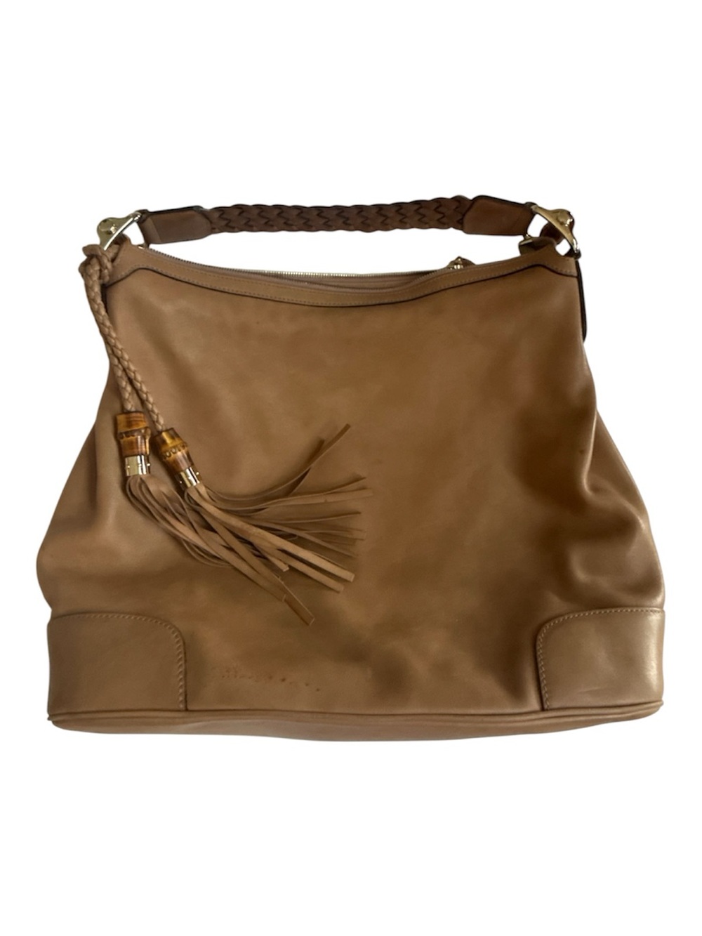 GUCCI Smooth Tan‎ Leather Sukey Hobo Bag with Bamboo Tassel Detail Quiet Luxury